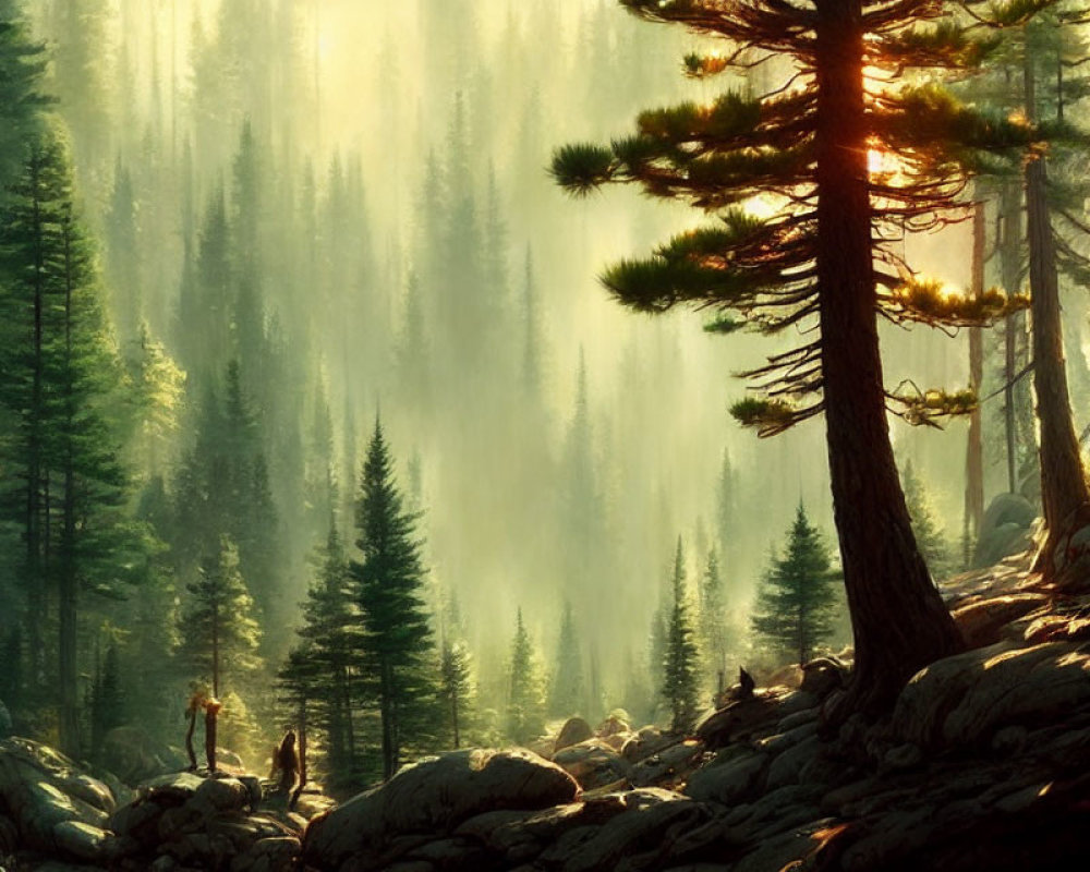 Tranquil Forest Scene with Sunlight Filtering Through Pine Trees