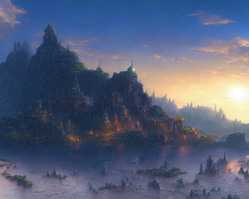 Majestic mountains, glowing castle, and serene lake at sunset