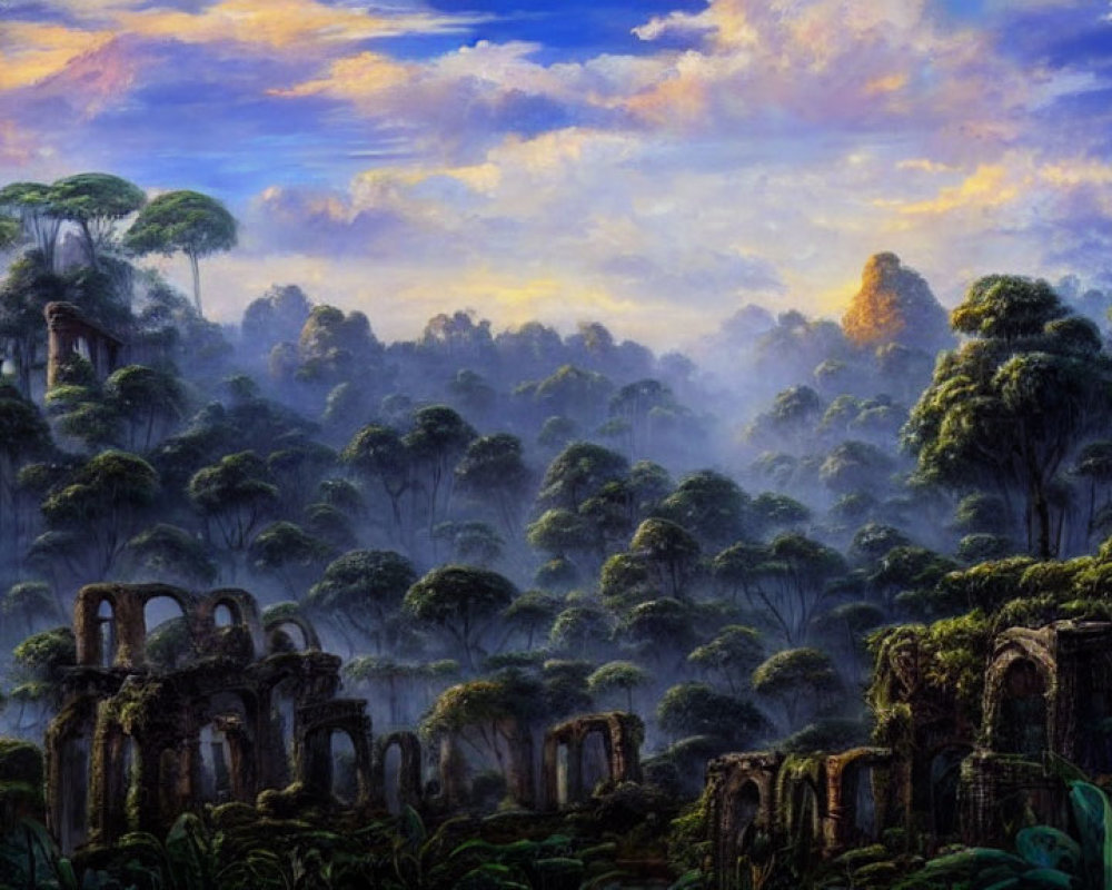 Mystical forest with ancient ruins and colorful twilight sky