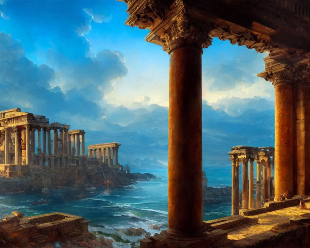 Ancient Roman ruins under golden sunlight by turbulent sea