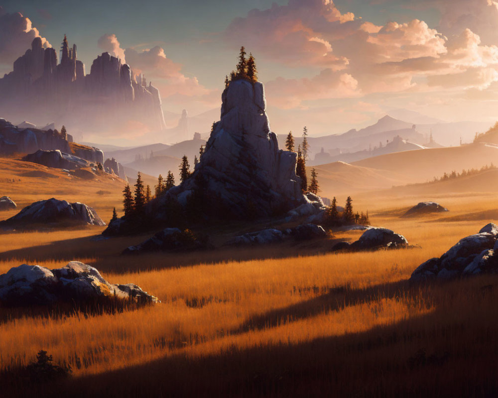 Tranquil sunset landscape with tall grass, rocky outcrop, and mountains