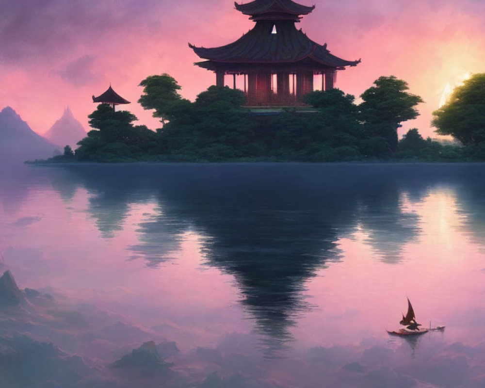 Traditional pagoda overlooking calm lake at sunset