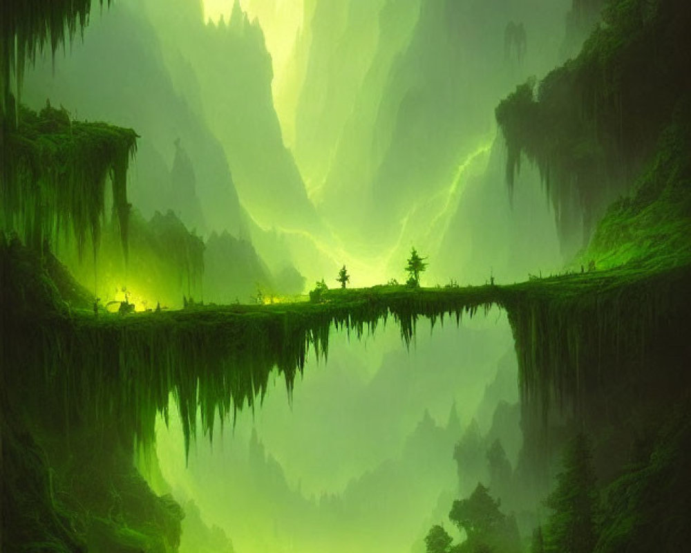 Mystical green landscape with towering cliffs and calm river