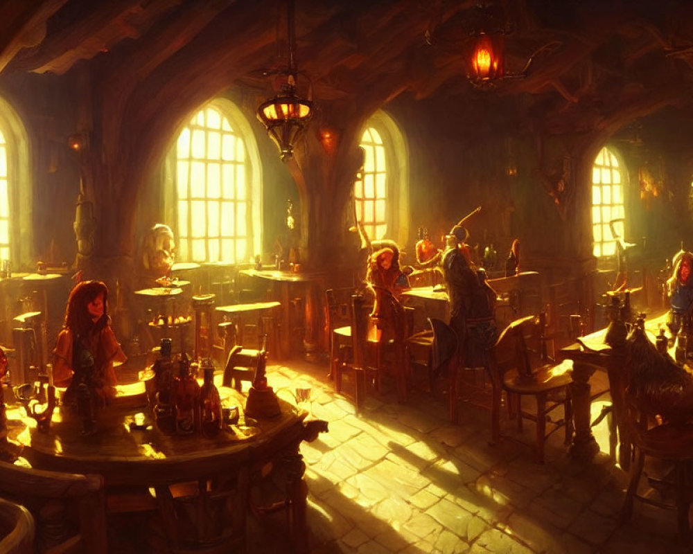 Medieval tavern scene with warm lighting and patrons