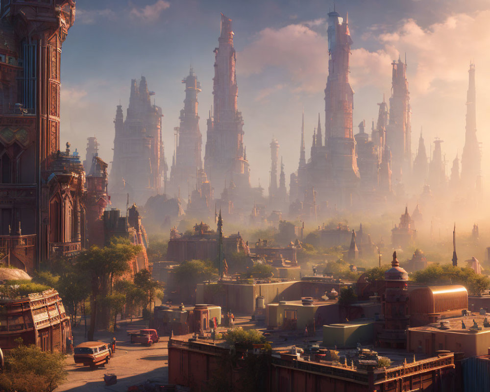 Majestic fantasy city with towering spires and advanced architecture