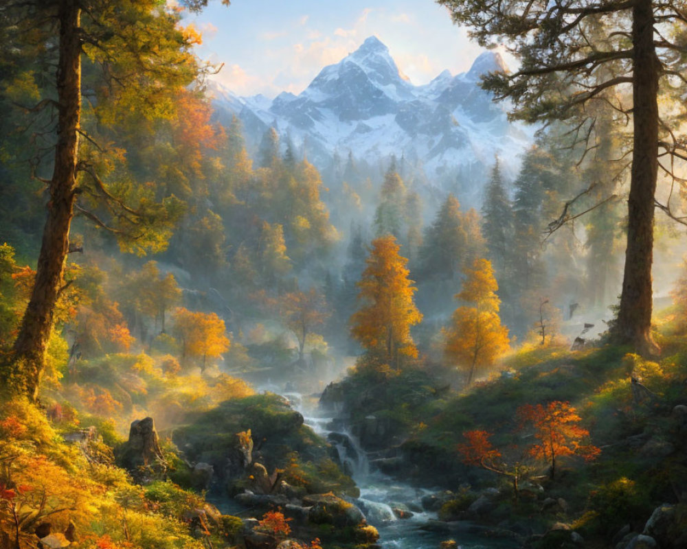 Scenic autumn river with orange and green foliage and misty mountain peak