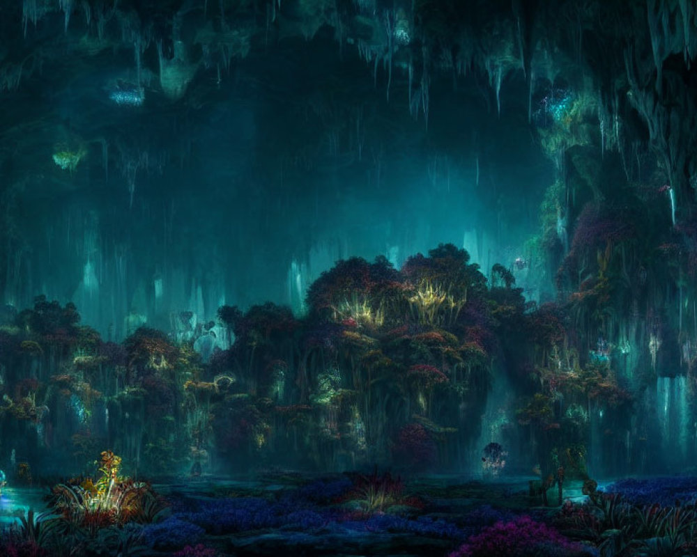 Mystical cave with lush flora, blue light, hanging vines & waterfalls