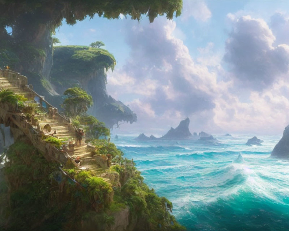 Fantasy seascape with rugged cliffs, staircase, lush greenery, dramatic skies, azure waters