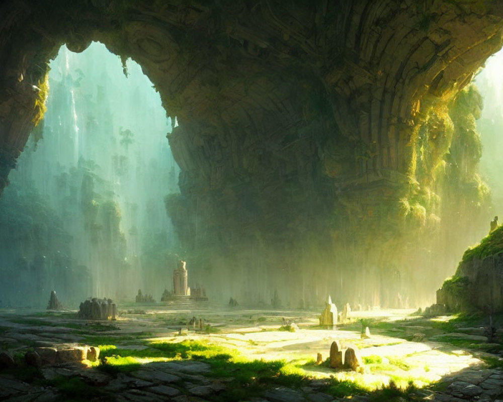 Sunlit Cave with Ancient Ruins and Ethereal Atmosphere