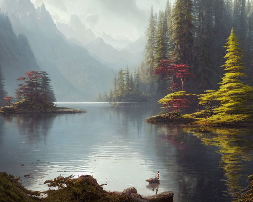 Tranquil mountain lake with colorful trees, duck, and hazy peaks