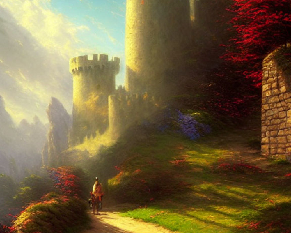 Figure walking to castle in lush greenery with sunlight and mist