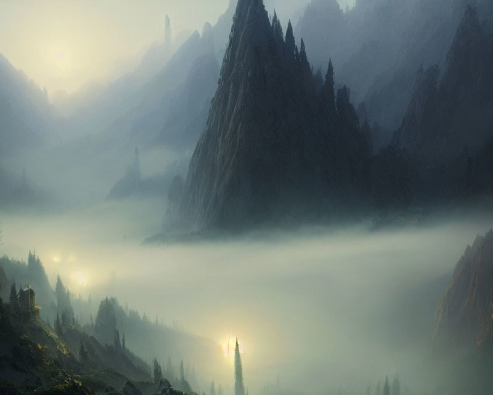 Sunrise illuminating misty mountain landscape with solitary figure amidst towering peaks.