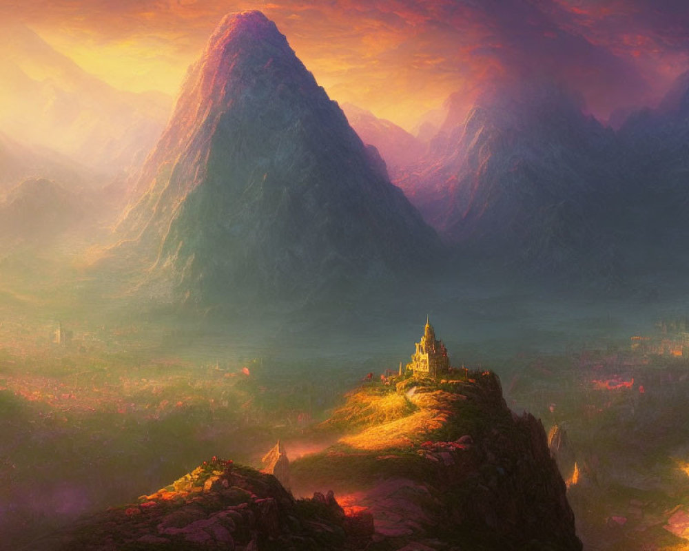 Glowing castle on hill in fantasy landscape with mountains and warm sunset hues