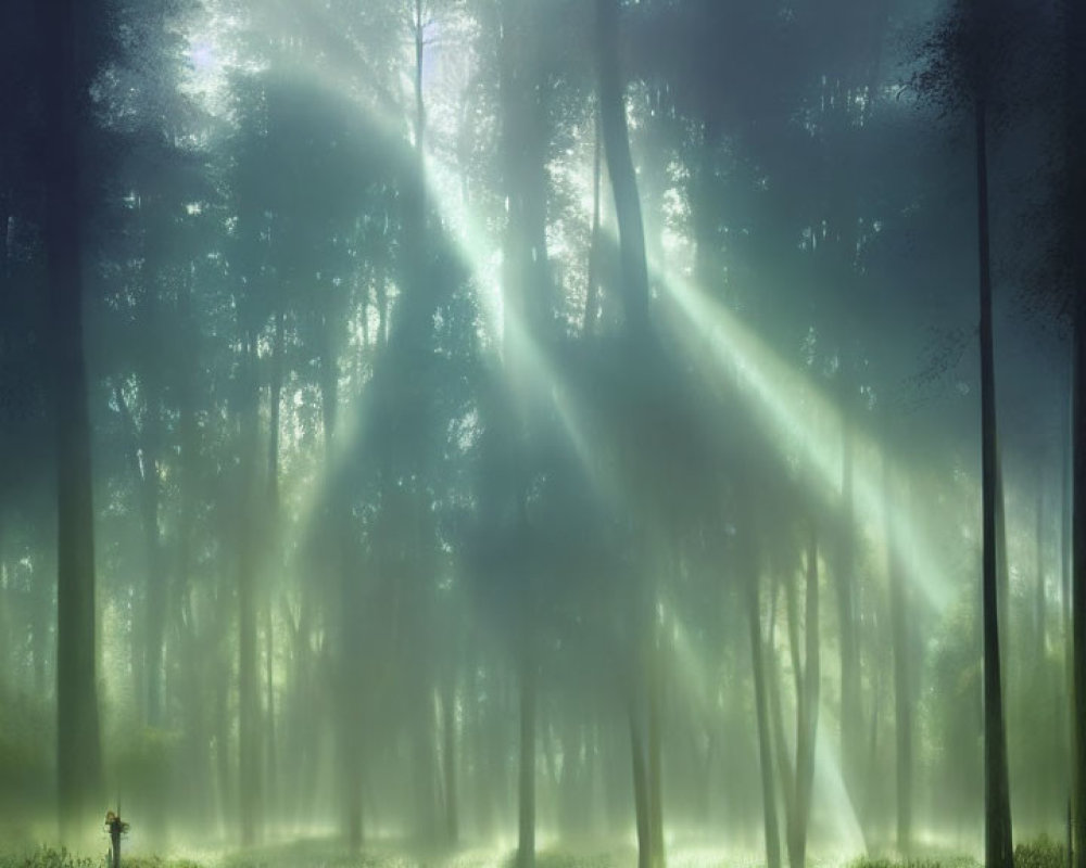 Misty forest scene with sunbeams and solitary figure