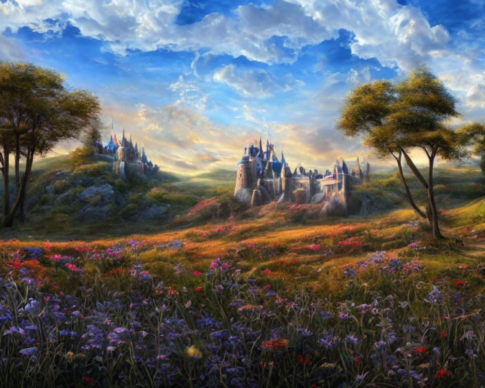 Vibrant flower field, distant castle, clear blue sky: fantastical landscape