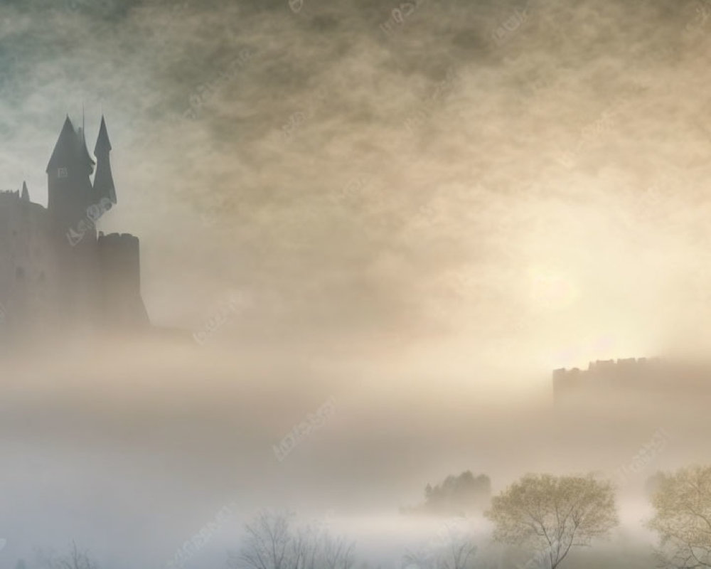 Castle Silhouette in Mist with Sun Peeking Through