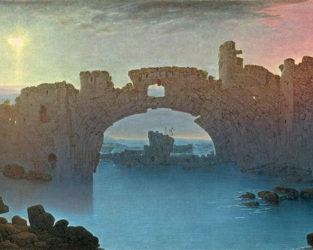 Sunrise painting of ruined stone bridge over calm water with pink and blue sky.