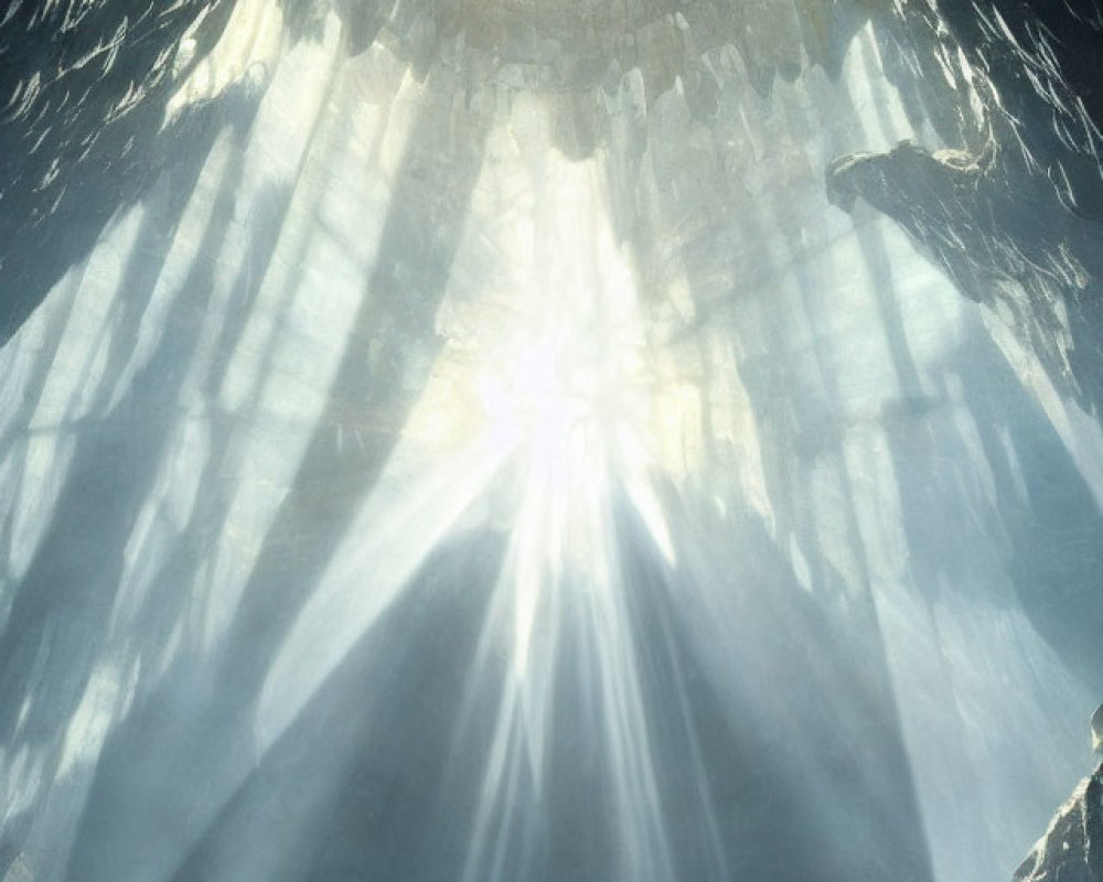 Ethereal cavern with sunlight beams and ornate suspended object