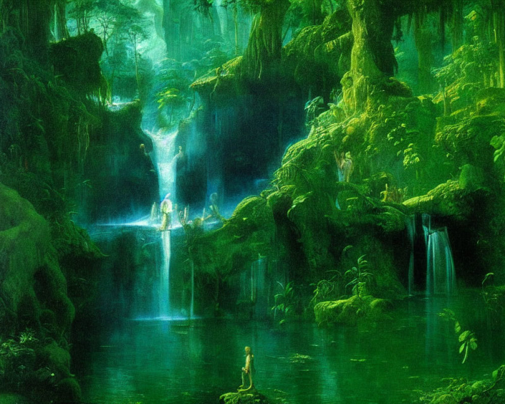 Ethereal green forest with misty waterfalls and serene pools