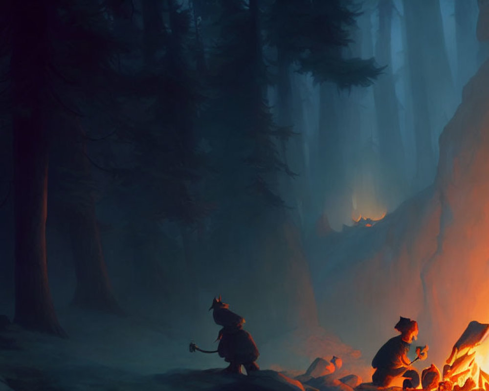 Animated characters by campfire in mystical forest with warm glow