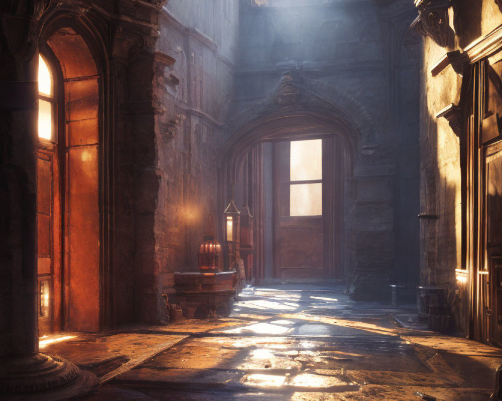 Gothic window casts warm light in ornate dusty corridor