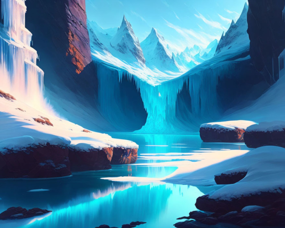 Snowy cliffs, frozen waterfall, icy mountains in serene winter landscape