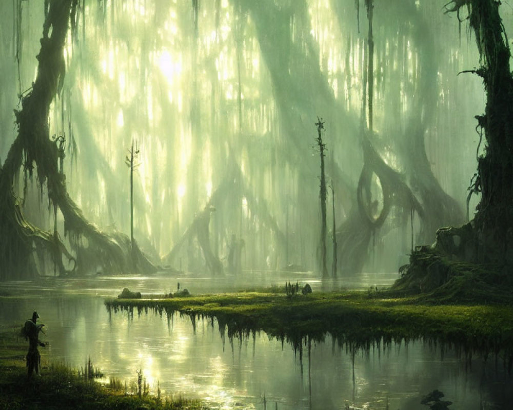 Mystical Swamp with Towering Trees and Ethereal Light