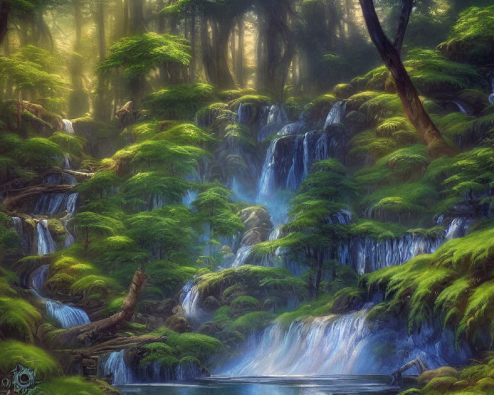 Ethereal forest scene with sunlight, waterfalls, greenery, and moss-covered pools