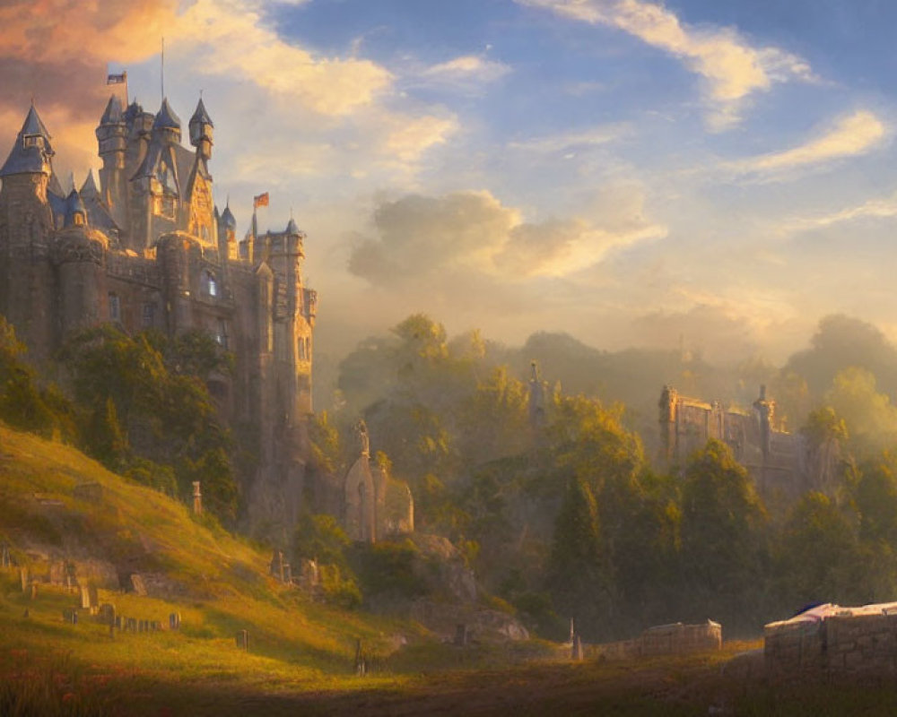 Majestic castle at sunset on hill with misty greenery