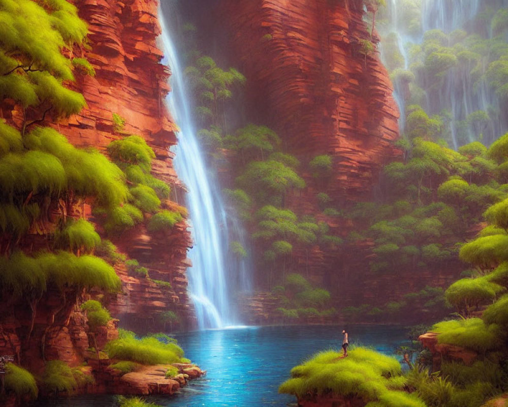 Scenic waterfall oasis with greenery, red cliffs, and lone observer