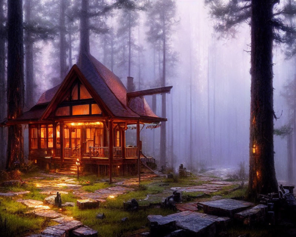 Rustic wooden cabin in misty forest with glowing lights