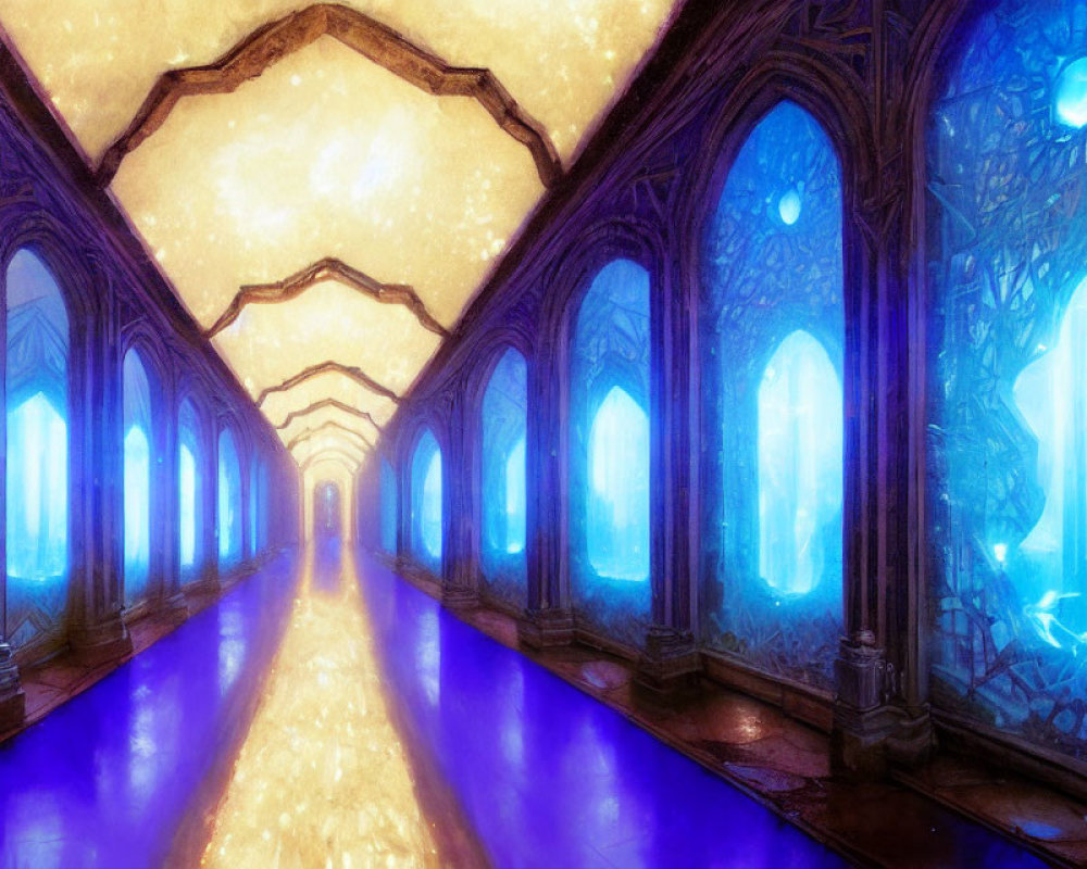 Vibrant fantasy corridor with glowing blue windows and mystical artifacts