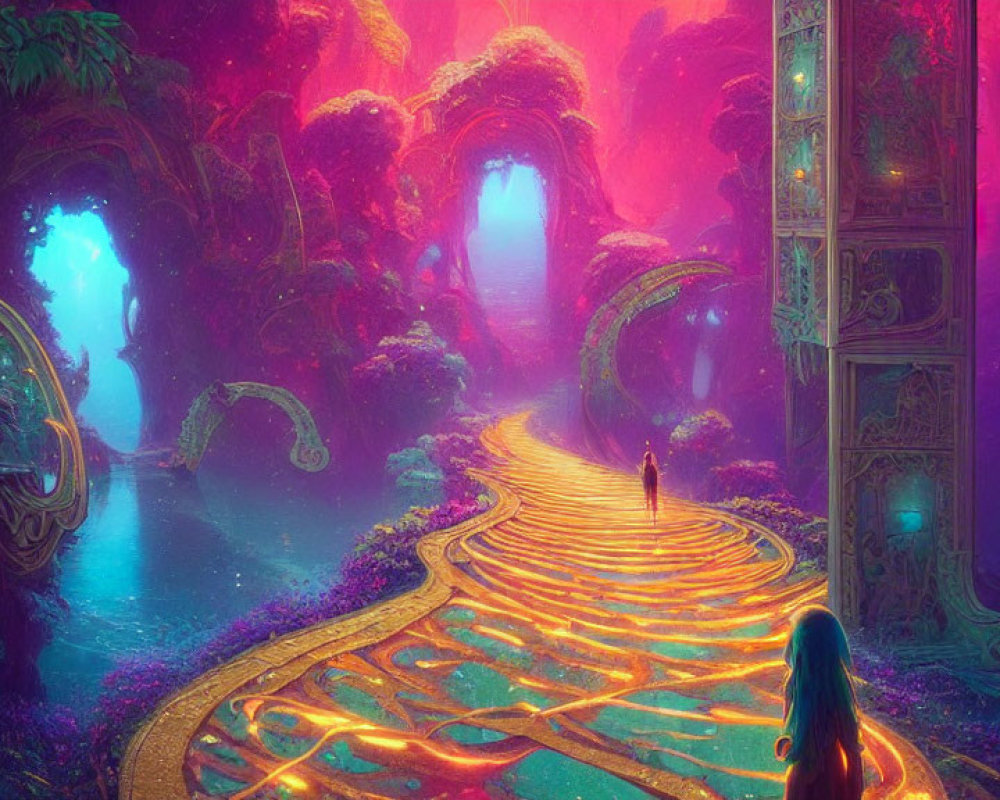 Vibrant fantasy landscape with glowing path, figure, gateway, and towering trees