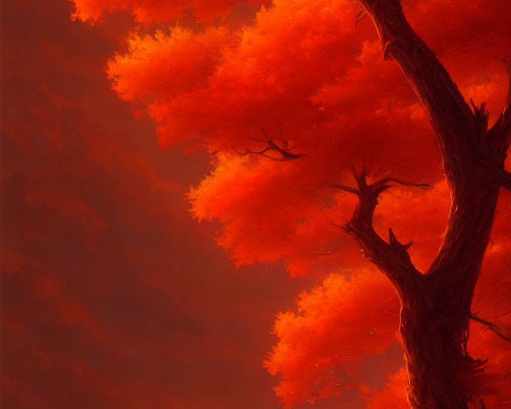 Digital artwork of a sunset forest with red foliage