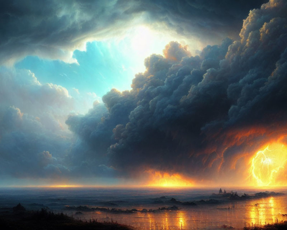 Stormy Seascape with Break in Sky and Lightning at Sunset