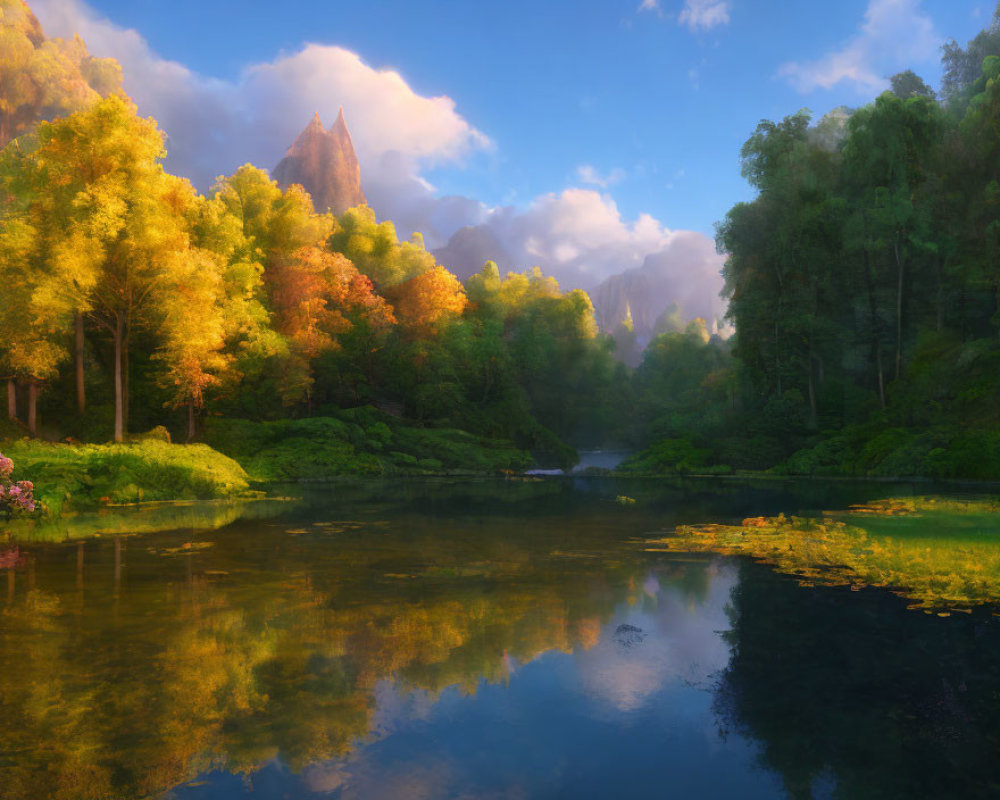 Tranquil autumn landscape with reflective lake and misty mountains