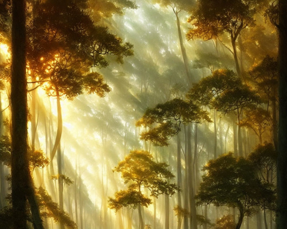 Misty forest illuminated by sunlight filtering through, creating warm atmosphere