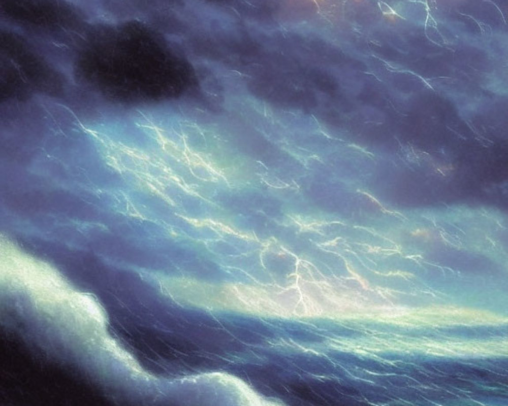 Stormy Sea Under Tempestuous Sky with Lightning Bolts and Sunset Glimmer