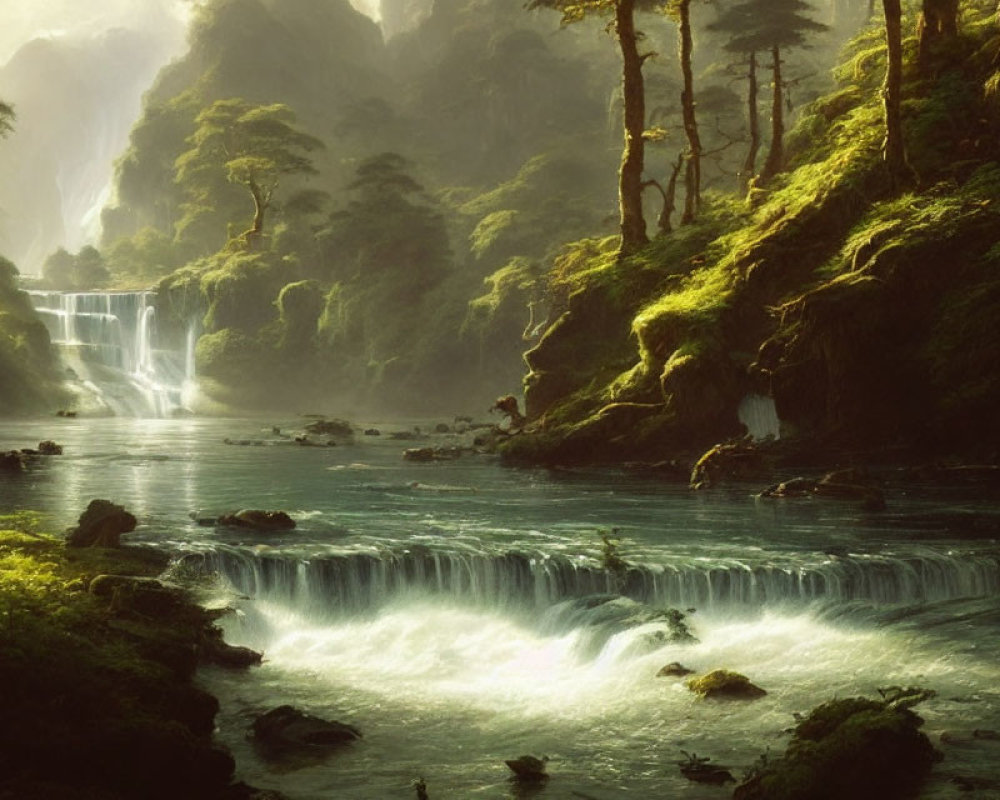 Tranquil forest scene with cascading waterfalls and lush greenery