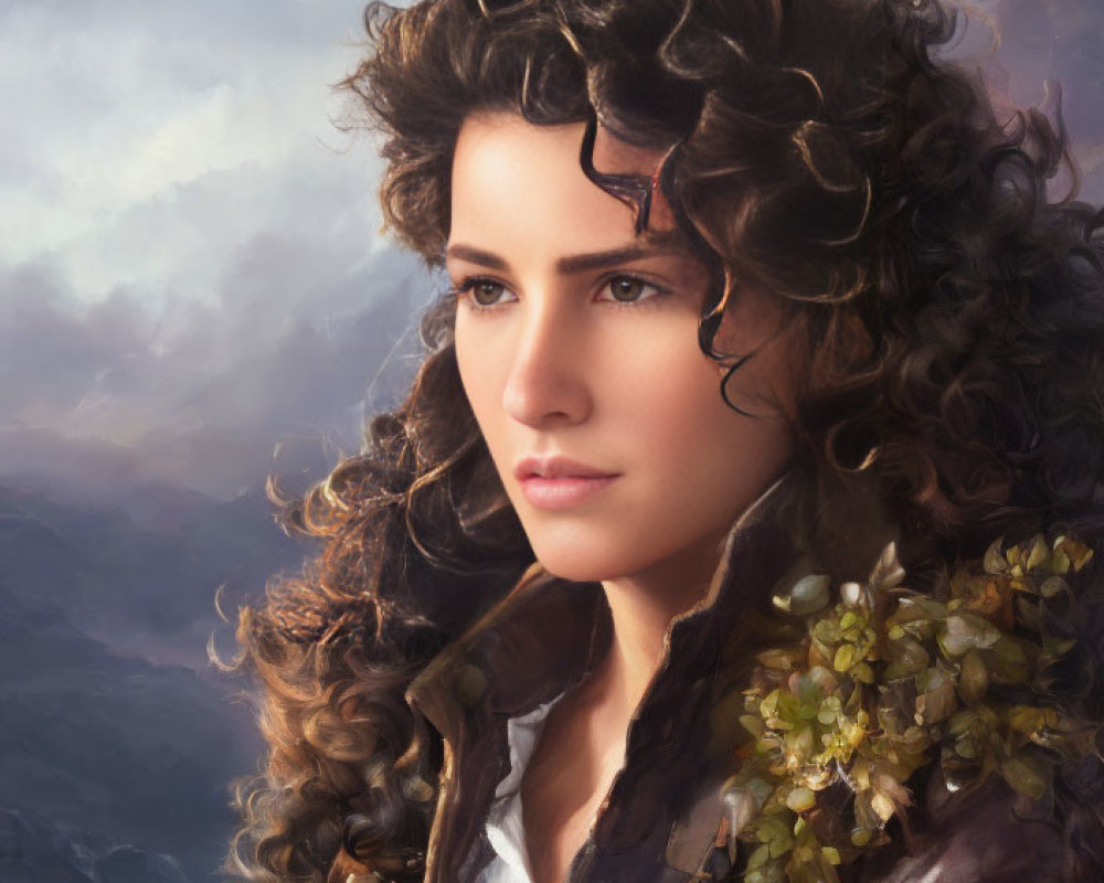 Digital painting of woman with curly hair and yellow blossoms, leather jacket, cloudy backdrop