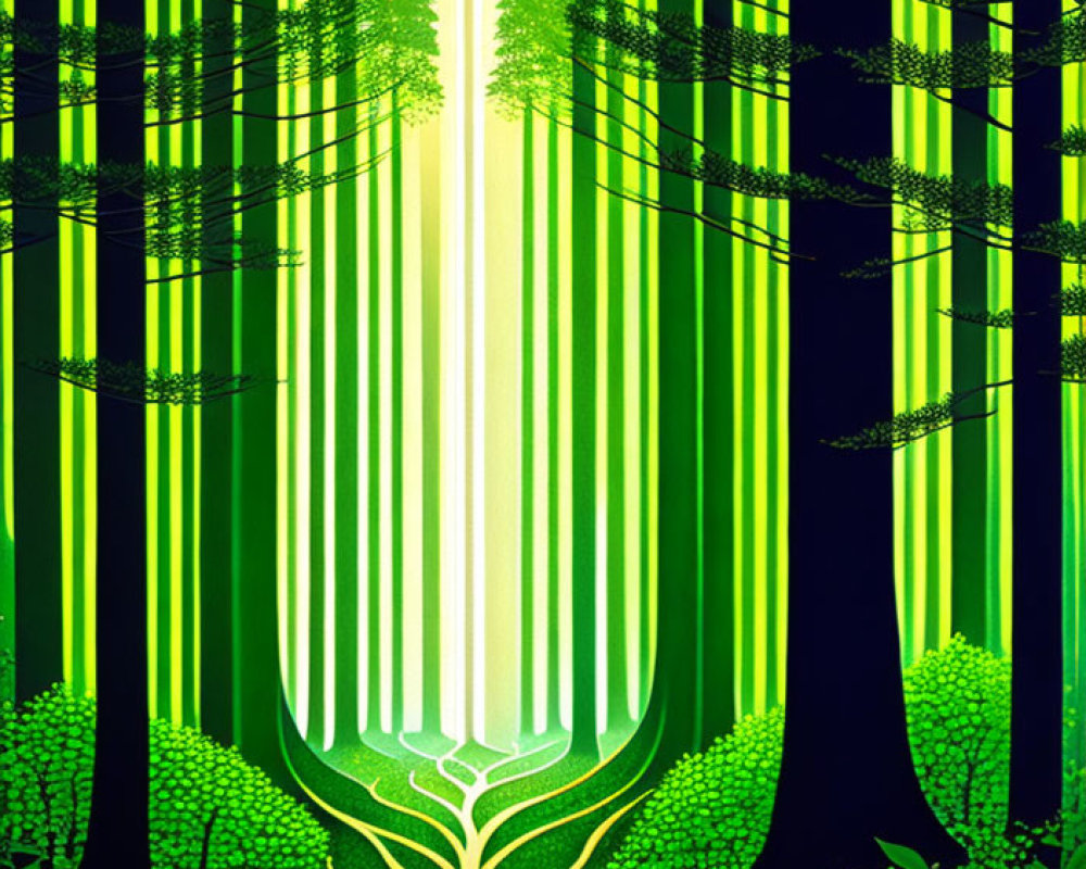 Green forest illustration with tree path to light, featuring tree-like vein patterns.