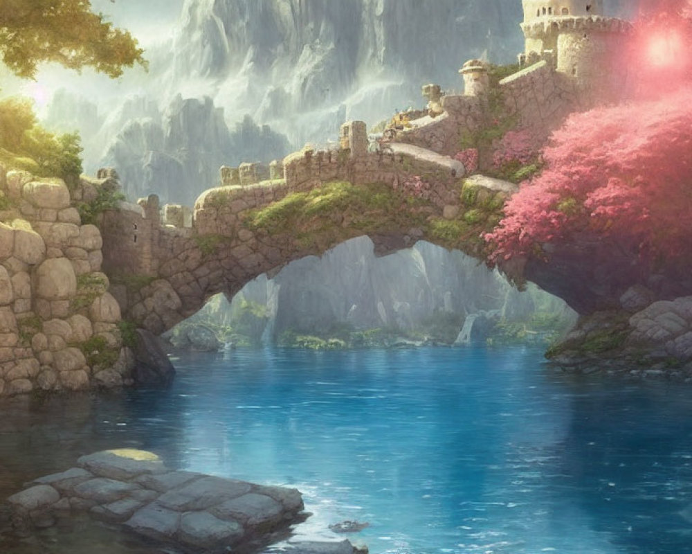 Fantasy landscape with stone bridge, river, greenery, and castle