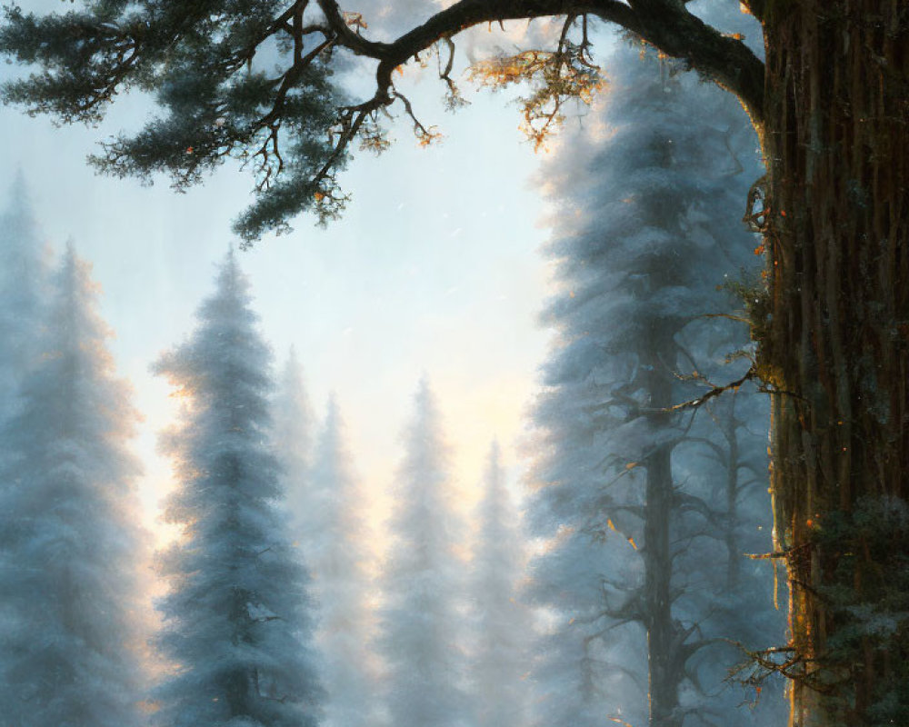 Misty forest scene with picnic tables under large tree