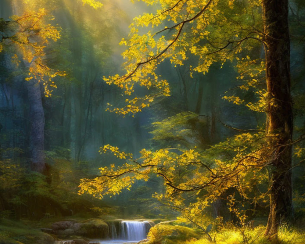 Verdant forest canopy with golden leaves and serene waterfall