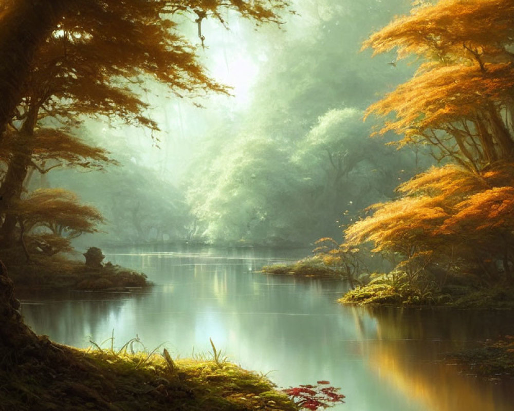 Tranquil woodland pond with sunbeams and orange trees