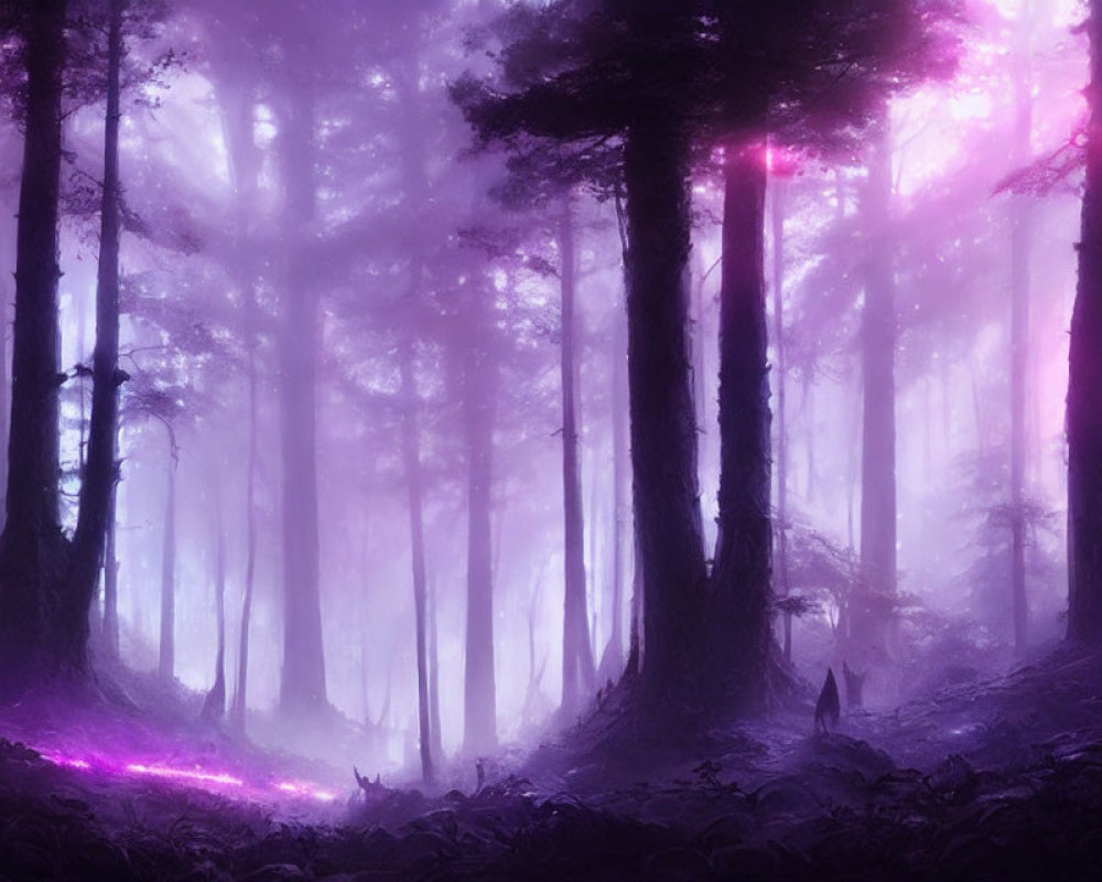 Enchanting purple-lit forest with fog, towering trees, and pink highlights