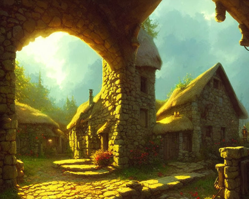 Tranquil fantasy village with stone cottages and blooming flowers