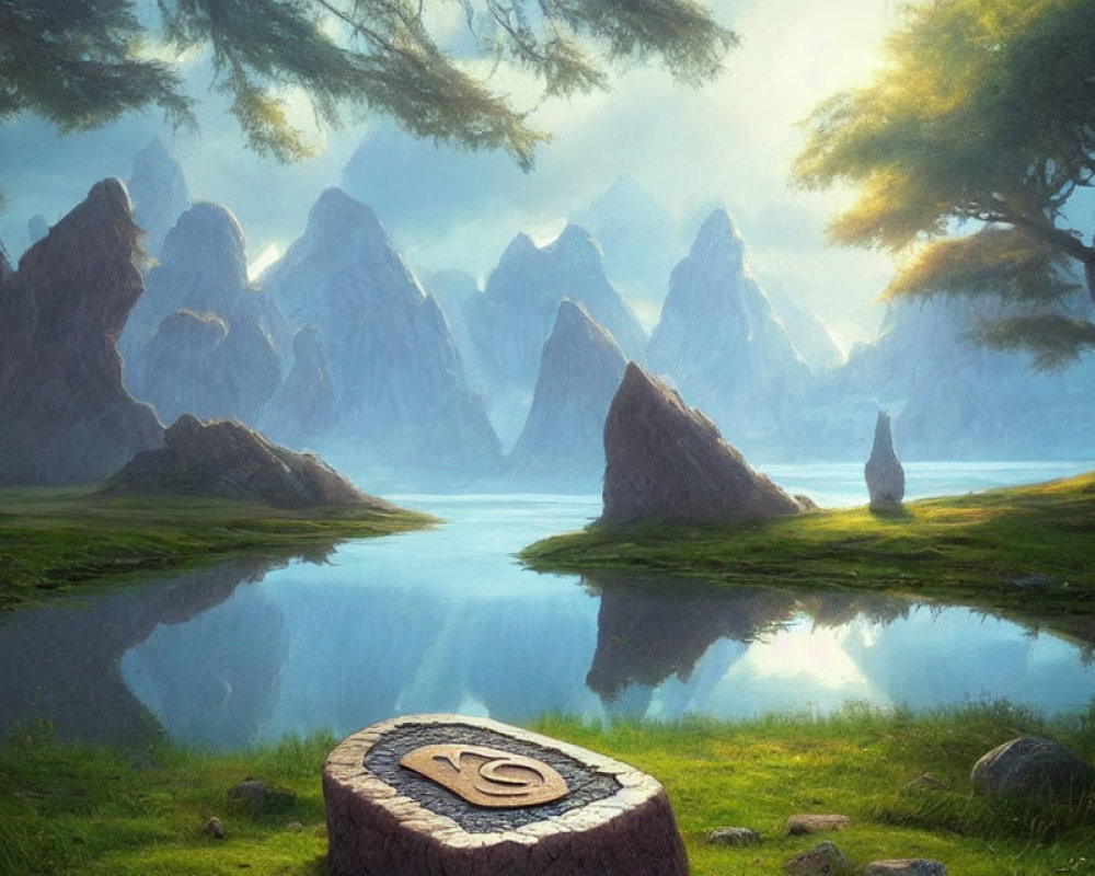 Misty mountain landscape with serene lake and mystical stone