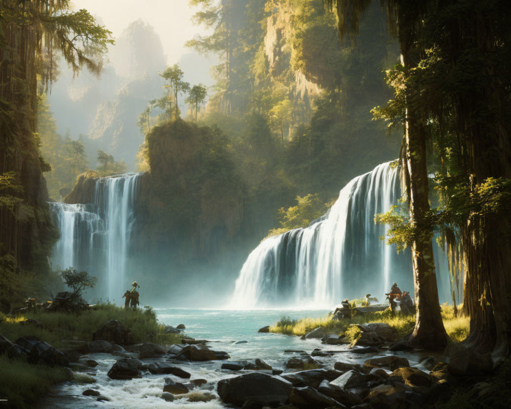 Tranquil river with waterfall, lush trees, and sunbeams in serene landscape