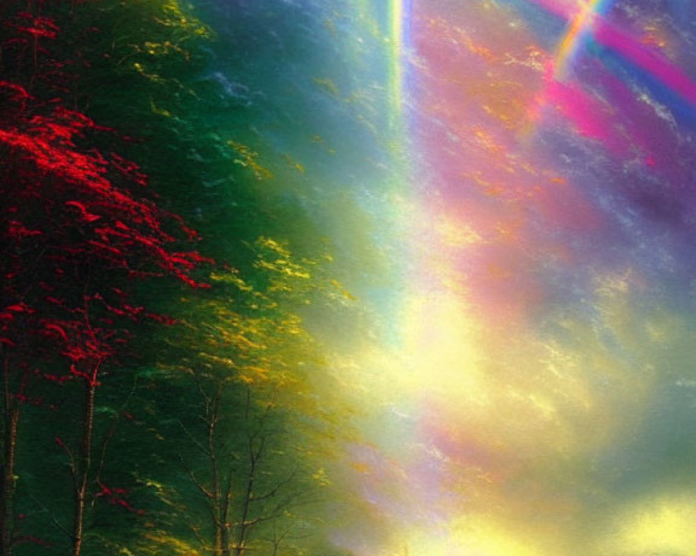 Colorful Trees and Radiant Sky with Walking Figures